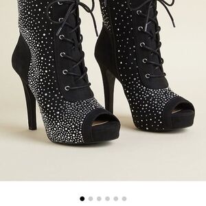 Elegant Black Peeptoe Bootie Stiletto Heels with Rhinestone Detailing